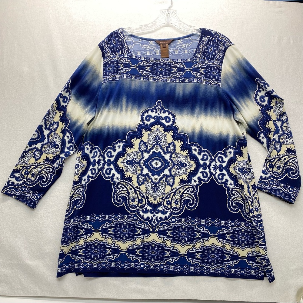 Multiples 1X Blue White Beige Ornate Long Sleeve Top Beaded Detail Flowy Elegant